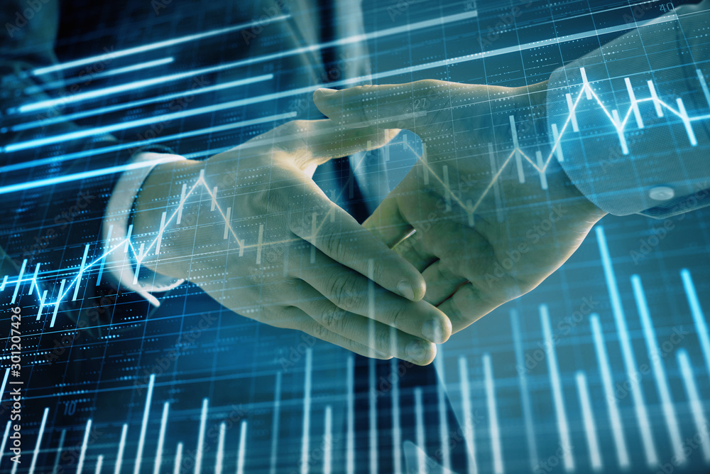 Aufkleber multi exposure of forex graph on abstract background with two businessmen handshake. concept of succ