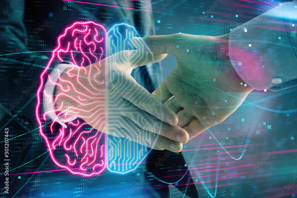 Poster multi exposure of human brain drawing on abstract background with two men handshake. concept of data