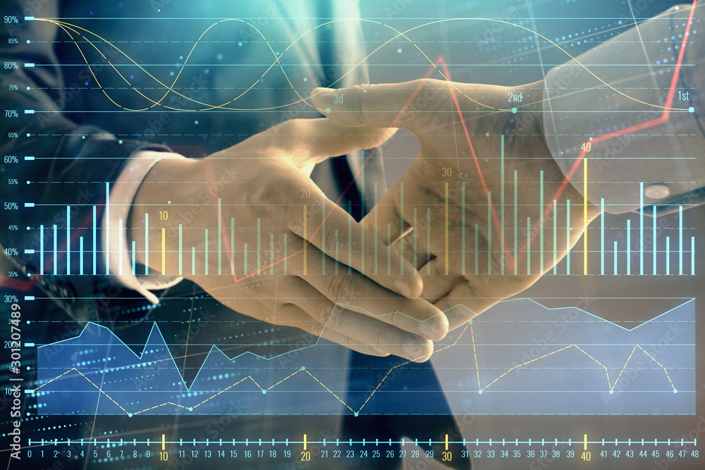 Poster multi exposure of forex graph on abstract background with two businessmen handshake. concept of succ