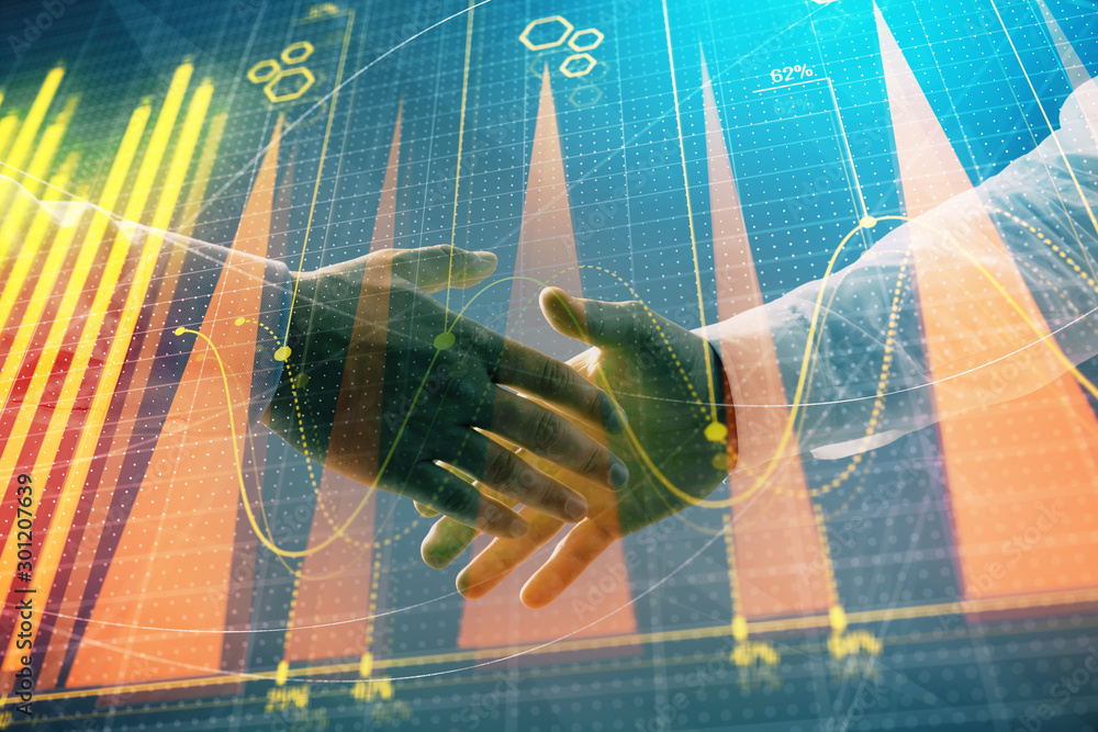 Poster multi exposure of forex graph on abstract background with two businessmen handshake. concept of succ