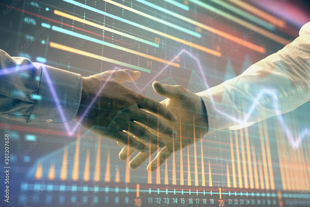 Poster multi exposure of forex graph on abstract background with two businessmen handshake. concept of succ
