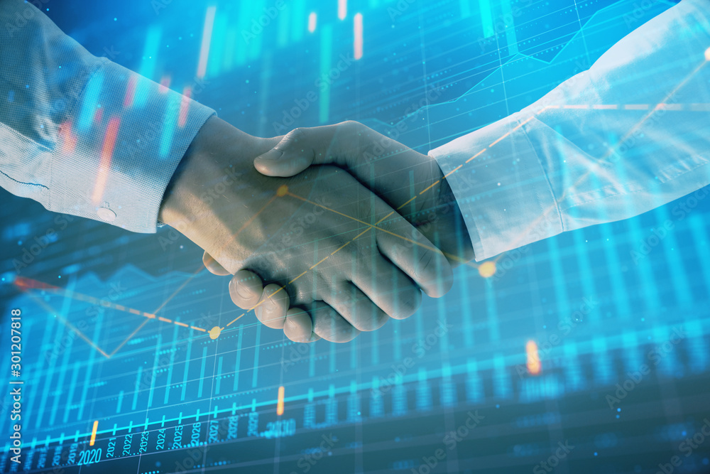 Poster multi exposure of forex graph on abstract background with two businessmen handshake. concept of succ