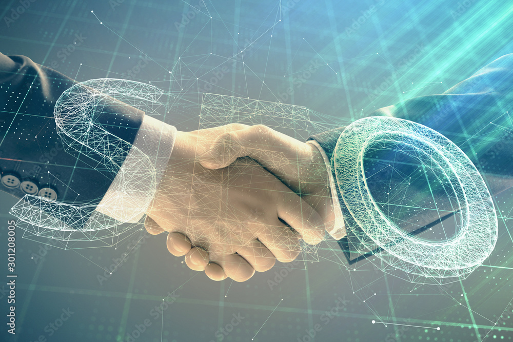 Poster multi exposure of seo icon drawing on abstract background with two men handshake. concept of informa