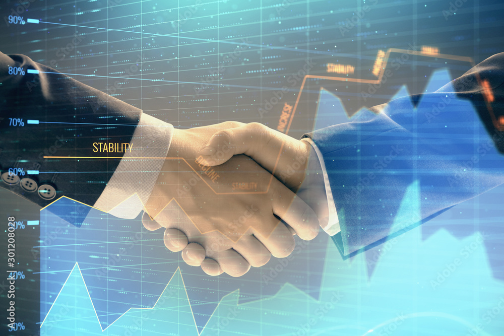 Poster multi exposure of forex graph on abstract background with two businessmen handshake. concept of succ