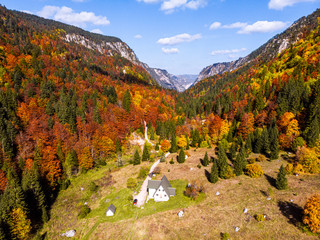 Driving through amazing fall colours from an aerial perspective in the Durmitor national park in montenegro