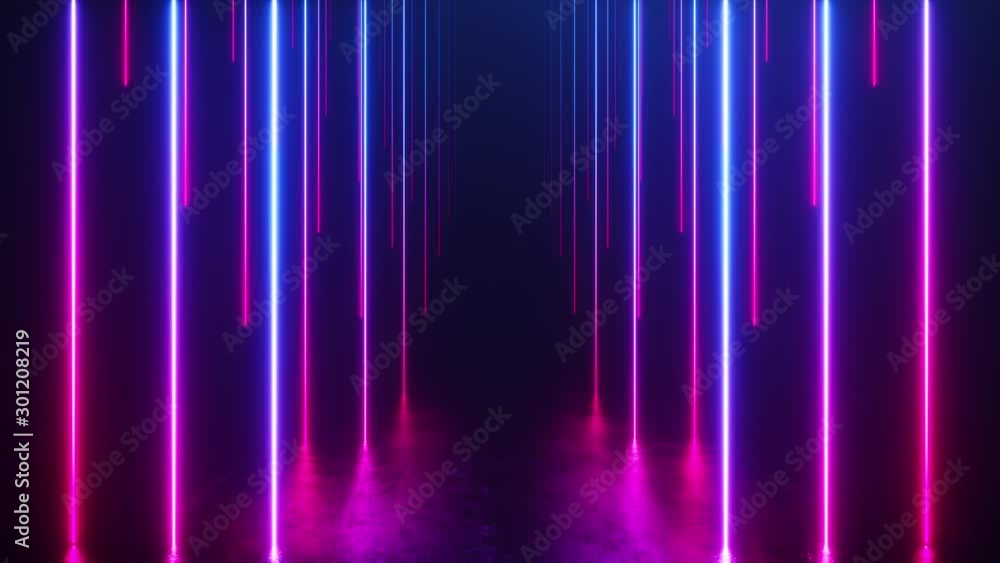 Poster endless corridor with neon lines tending up. metal reflective scratched floor. seamless loop 3d rend