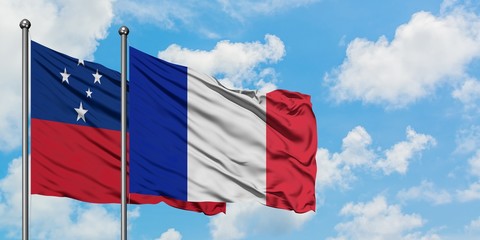 Samoa and France flag waving in the wind against white cloudy blue sky together. Diplomacy concept,...