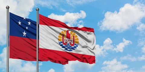 Samoa and French Polynesia flag waving in the wind against white cloudy blue sky together. Diplomacy concept, international relations.