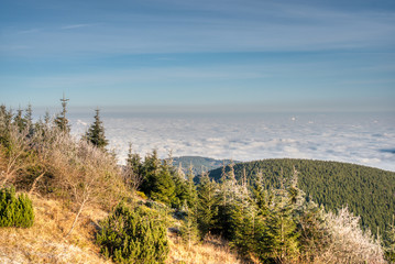 landscape from lyse mountain in foggy mist, czech, lysa