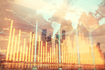 Double exposure of financial graph and world map on city veiw background. Concept of financial market research and analysis