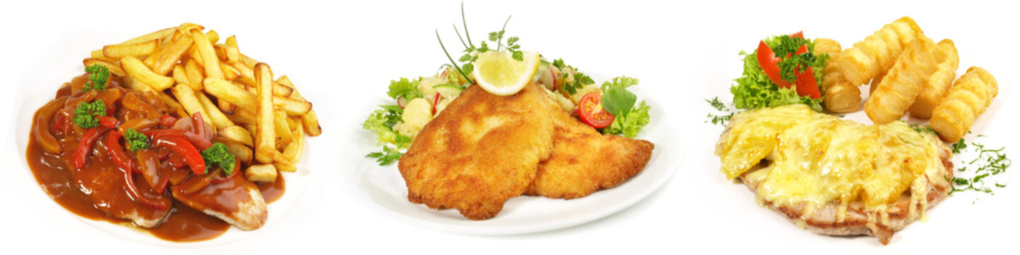 Verschiedene Schnitzel mit Beilagen und Salat
