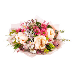 Bouquet of orchids and beige pion with greens