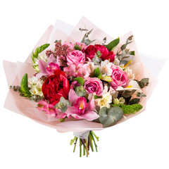 Bouquet of bord orchids with pink roses and red pines