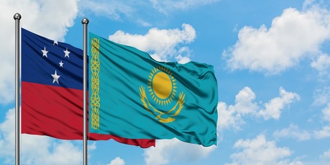 Samoa and Kazakhstan flag waving in the wind against white cloudy blue sky together. Diplomacy concept, international relations.