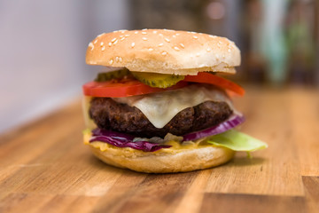 Hamburger on the wooden table