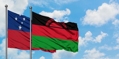 Samoa and Malawi flag waving in the wind against white cloudy blue sky together. Diplomacy concept, international relations.