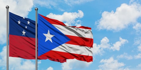 Samoa and Puerto Rico flag waving in the wind against white cloudy blue sky together. Diplomacy...
