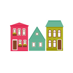 Cute houses illustration set. Life in small town or suburb. Pink, mint and green buildings isolated on white background. Cartoon flat style. 