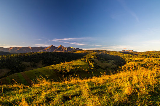 Sunrise by nature of Belian Tatra Mountains, morning view from Osturna village