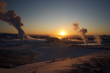 Iceland Myvatn Lake panorama evening Sunrise or Sunset with volcano geyser