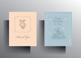 Design template greeting and thank you postcards set. Cute hand drawn doodle character in pastel colors. Vector 10 EPS.