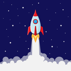 Rocket launch in a flat style isolated in the night starry sky. Business product concept. Project start up and innovation product. Vector illustration