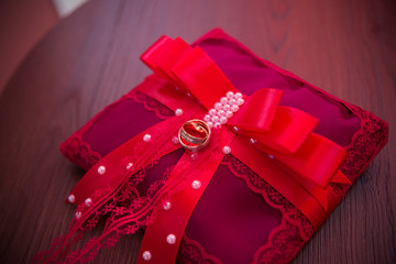 box with red ribbon and bow on white background