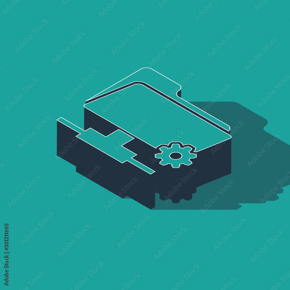 Poster isometric ftp settings folder icon isolated on green background. software update, transfer protocol,