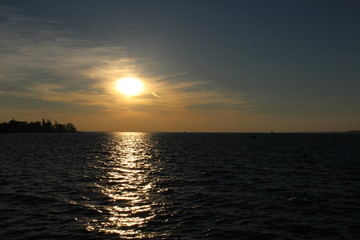 Sunset at Lake Constance (Bodensee) in Bregenz, Vorarlberg, Austria.