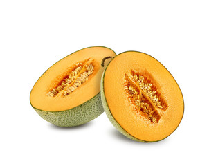 Two halves of cantaloupe melon in a cross-section, isolated on white background with copy space for text or images. Side view. Close-up shot.