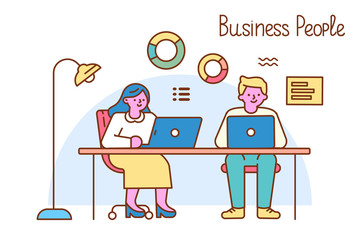 Man and woman working together in the office. Sitting on table with laptop. Business people, teamwork line art vector set. Office workplace.  Flat vector illustration.