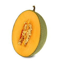 Half of delicious cantaloupe melon in a cross-section, isolated on white background with copy space for text or images. Side view. Close-up shot.