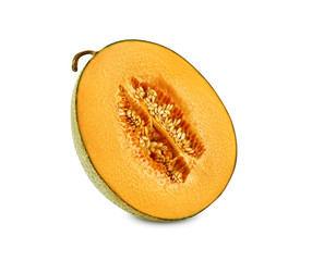 Half of delicious cantaloupe melon in a cross-section, isolated on white background with copy space for text or images. Side view. Close-up shot.