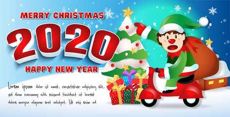 Merry christmas and Happy new year 2020 with santa claus cute cartoon.for Christmas and New Year background.vector illustration