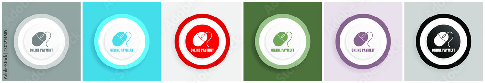 Aufkleber online payment icon set, colorful flat design vector illustrations in 6 options for web design and m