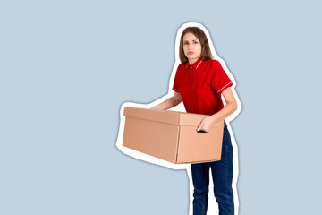Female delivery person is tired of carrying a heavy parcel Magazine collage style with trendy color background