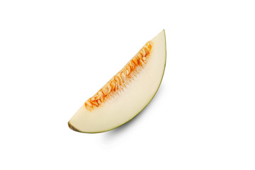 Slice of a delicious green tendral melon in cross-section, isolated on white background with copy space for text or images. Side view. Close-up shot.