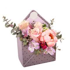 Bouquet of pink roses and pink pion with box