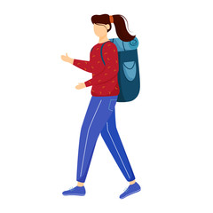 Girl tourist with backpack flat vector illustration. Camping and hiking. Budget tourism. Cheap travelling ideas for students, youth isolated cartoon outline character on white background