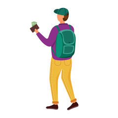 Student with money in wallet flat vector illustration. Young person earns his own salary. Man with cash to spend on travelling. Jobs options for youth isolated cartoon character on white background