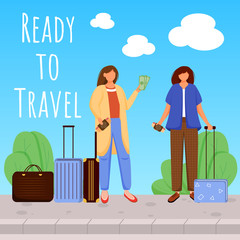 Ready to travel social media post mockup. Girls with luggage. Going on vacation. Advertising web banner design template. Social media booster. Promotion poster, print ads with flat illustrations