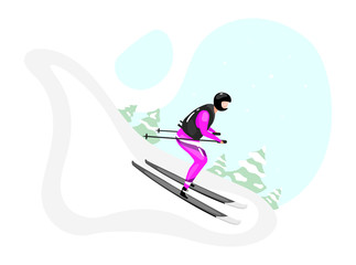Downhill skiing flat vector illustration. Extreme winter sports. Active lifestyle. Outdoor activities on snowy mountainside. Sportsman on skis isolated cartoon character on blue background
