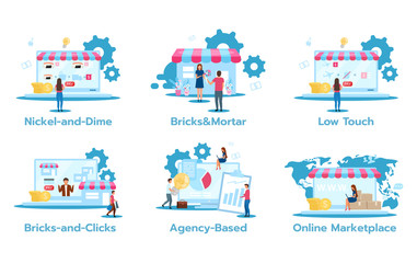 Business model flat vector illustrations set. Nickel-and-dime. Brick and mortar. Low touch. Bricks-and-clicks. Agency-based. Online marketplace. Marketing strategies. Isolated cartoon characters