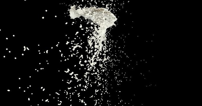 Milk spills whirlpool 3d realistic footage. White liquid blobs and splashes isolated on black background. Fluid drops sprinkling effect close up animation. Paint stream spin dynamic video