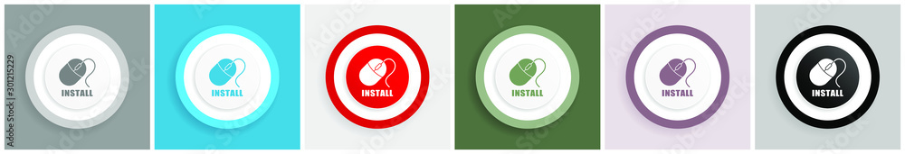 Aufkleber Install icon set, colorful flat design vector illustrations in 6 options for web design and mobile applications