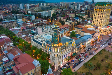 Panoramic view of Batumi and Astronomical clock, Georgia. Twilight over the old city and Downtown of Batumi - capital of Adjara, Georgia