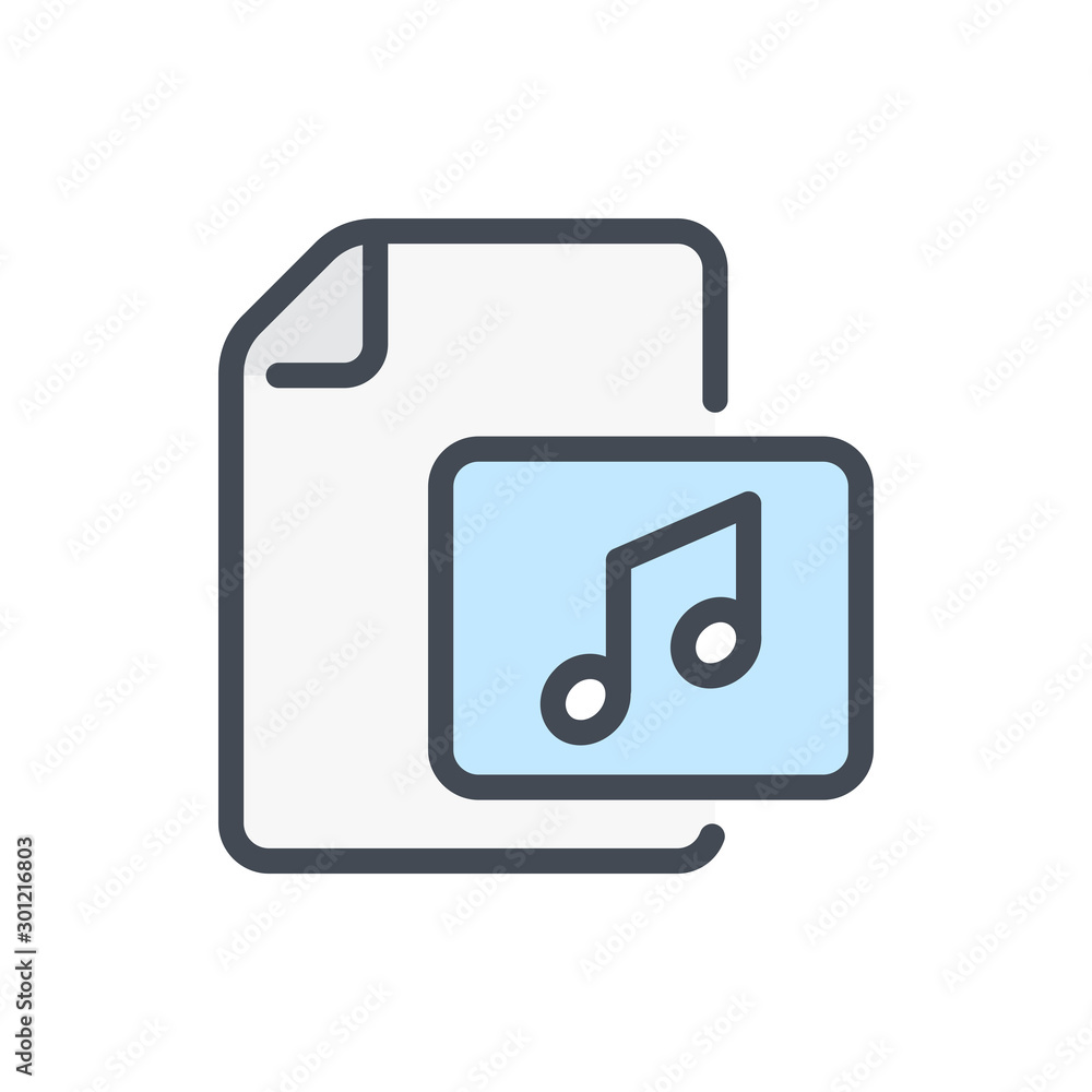 Poster music file color line icon. document with audio directory vector outline colorful sign.