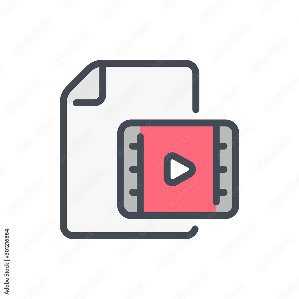 Poster video file color line icon. document with movie clip directory vector outline colorful sign.