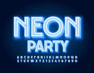 Vector glowing Sign Neon Party.  Modern bright Font. Original Alphabet Letters and Numbers.