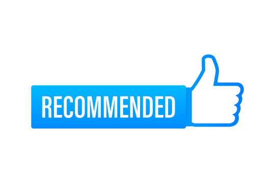 Recommend icon. White label recommended on blue background. Vector stock illustration.